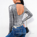 Snake Skin Halter Women Long Sleeve Sexy Bodysuit